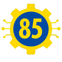 A yellow cog on a blue background with the number 85 in the centre.